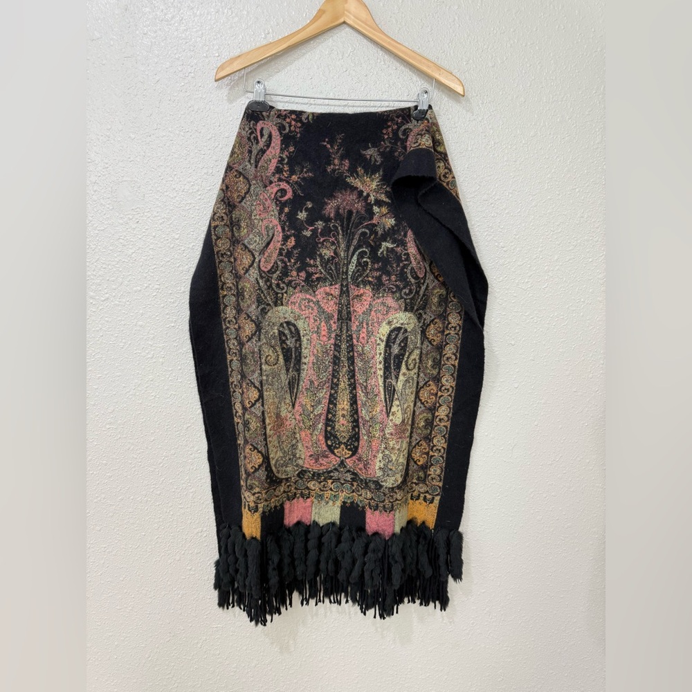 La Fiorentina 100% Cashmere Shawl Rabbit Fur & Leather Fringe Paisley Wrap Boho